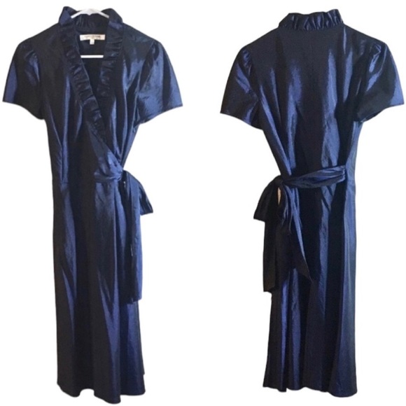 Evan Picone Dresses & Skirts - Evan-Picone Shimmering Sapphire Blue Ruffled Collar Wrap Dress